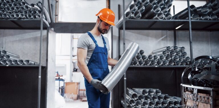 Portrait Young Worker Hard Hat Large Metalworking Plant