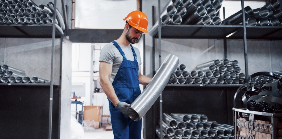 Portrait Young Worker Hard Hat Large Metalworking Plant